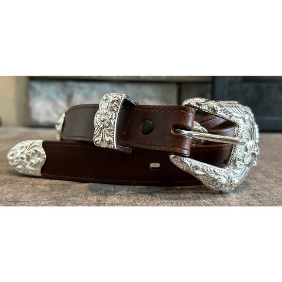 Women’s Noconabelt Co Leather Brown W Floral Buckle / Conches Size 36 - Picture 1 of 5